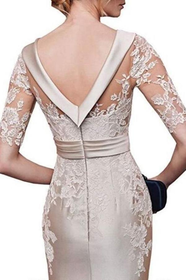 Chic Mother Of The Bride Dresses Scoop Neck Appliqued Beaded Half Sleeves Wedding Guest Gowns Backless Floor Length Sheath Mother Gown