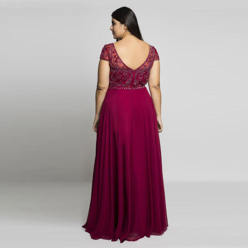 Burgundy Plus Size Prom Dresses Sheer Jewel Neck Chiffon Backless Evening Gowns A-Line Floor Length Long Beaded Formal Dress