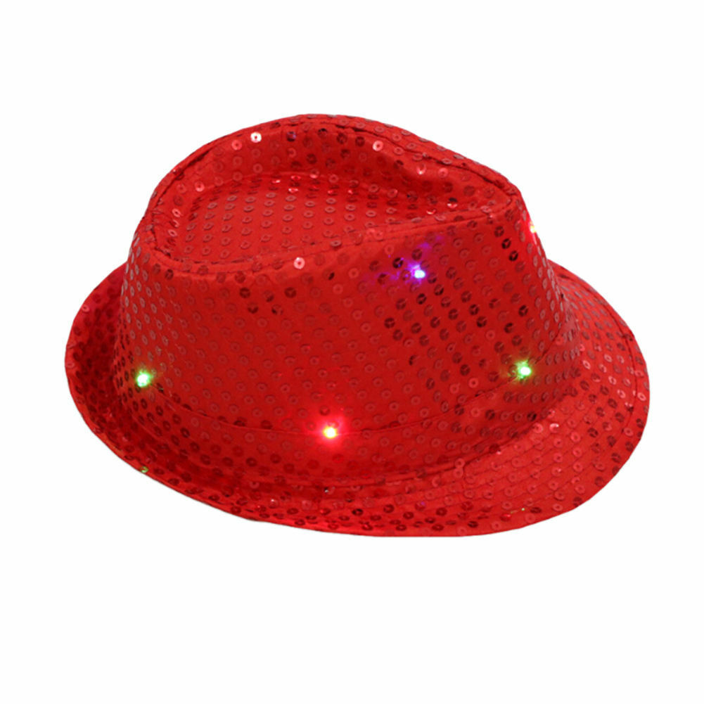 Party Hats Mens Hot Flashing Light Up Led Fedora Trilby Sequin Fancy Dress Dance Party Hat for Stage Wear