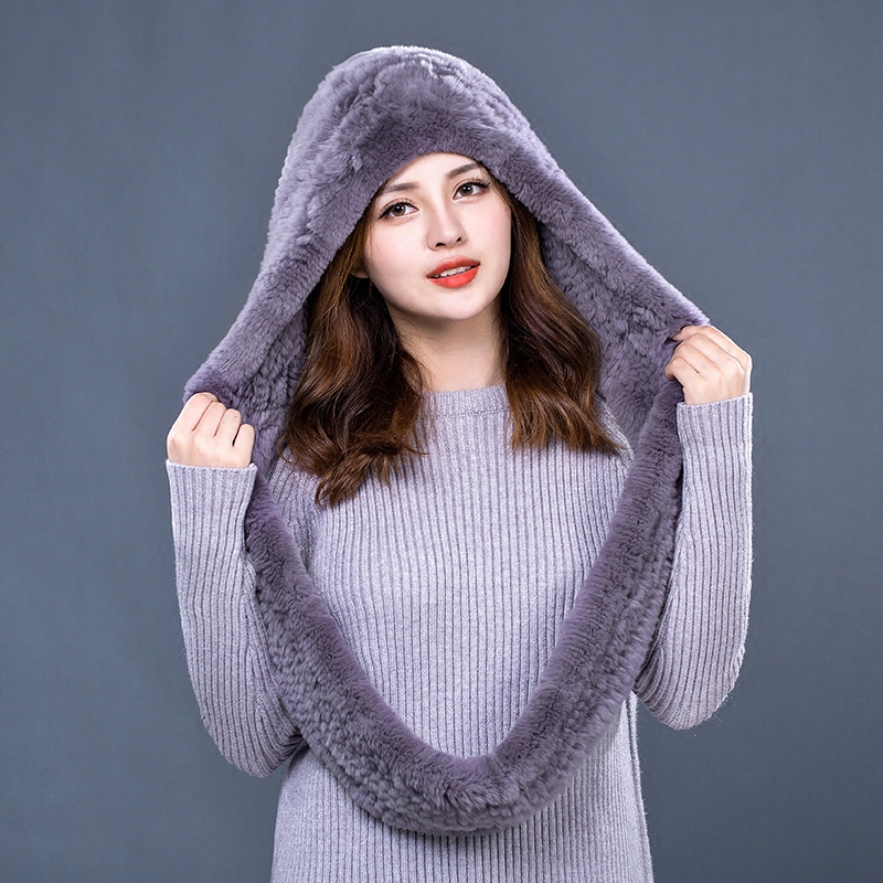 [Rancyword] Hat Women 2017 New Knitted Real Rex Rabbit Fur Hat Hooded Scarf Winter Warm Natural Fur Hat With Neck Scarves RC1319 Y18120302