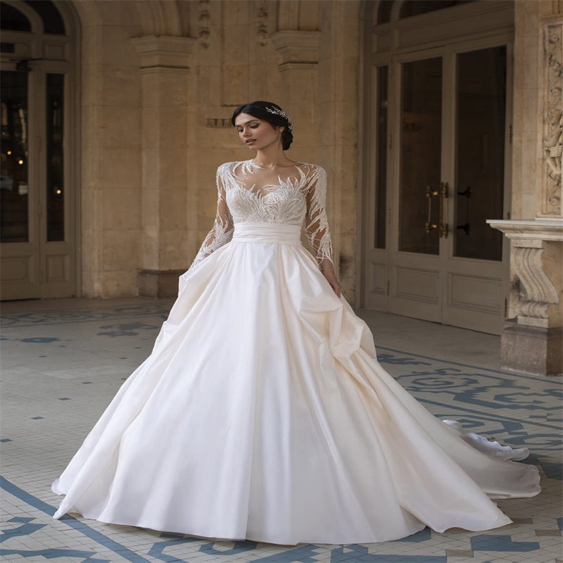 Newest Gorgeous Long Sleeves Wedding Dresses Illusion Sequins Beaded Appliqued Chapel Bridal Gown Ruched Satin Custom Made Vestidos De Novia