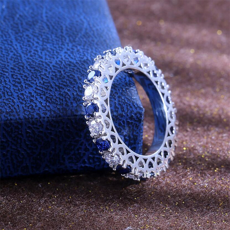 Classical New Unique Fashion Jewelry 925 Sterling Silver White&Blue Sapphire CZ Diamond Gemstones Heart Hollow Women Wedding Band Ring Gift
