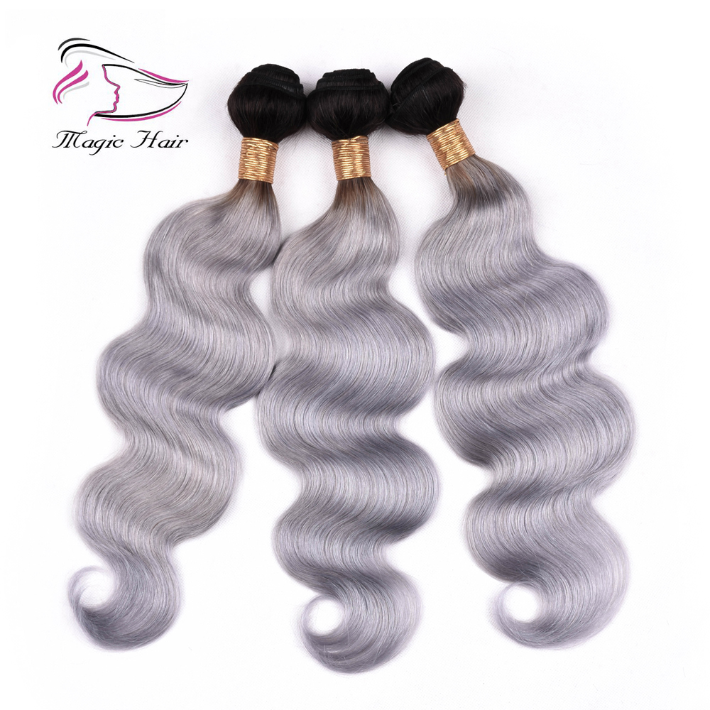 Evermagic Body Wave Ombre Color T1B/Grey T1B/Gray T1B/Sliver 3pieces Bundles With 1piece Closure 10-20inches human hair extension
