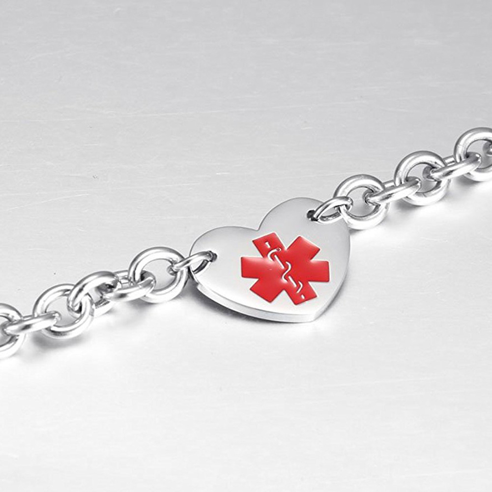 Medical Sign ID Chain Bracelets Charm Heart Shape Bracelets Titanium Stainless Steel Jewelry Men Women Bangle