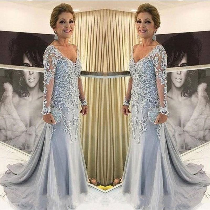 2020 Silver Mother Of The Bride Dresses V Neck Sheer Long-Sleeves Mermaid Lace Appliques Bead Sweep Train Long Plus Size Party Evening Gowns
2020 Silver Mother Of The Bride Dresses V Neck Sheer Long-Sleeves Mermaid Lace Appliques Bead Sweep Train Long Plus Size Party Evening Gowns