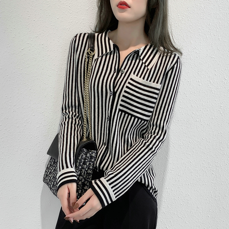 women blouses long sleeves striped cardigans turndown collar office lady working wool jacket knitted outerwear, Black
women blouses long sleeves striped cardigans turndown collar office lady working wool jacket knitted outerwear, Black