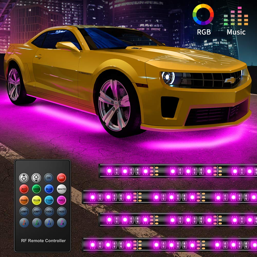 Car Underglow Lights 4 Pcs Led Strip Car Lights 8 Color Neon Accent Lights Strip Sync to Music Wireless Remote Control 5050 RG