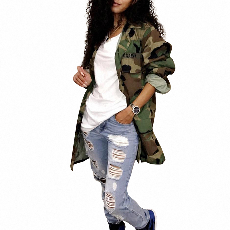 Women Long Coat Oversized Casual Mini Dress Military Ladies Jacket Cotton Plus Size Club Coat Party Army Green Sexy Camouflage T191018