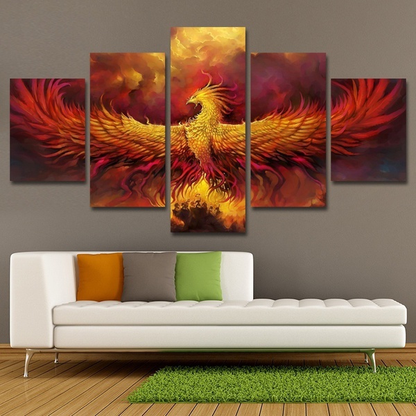 No Frame 5 Pieces Home Decor Wall Art Picture Abstract Fire Phoenix Animals Oil Painting Printed on Canvas for Living Room Decor