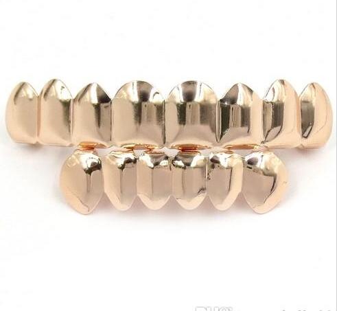 2019 Hot sale 8 Teeth Fangs Fashion Gold plated Rhodium HIPHOP Teeth Grillz TOP & BOTTOM Rock Dental Grills Sets Halloween props