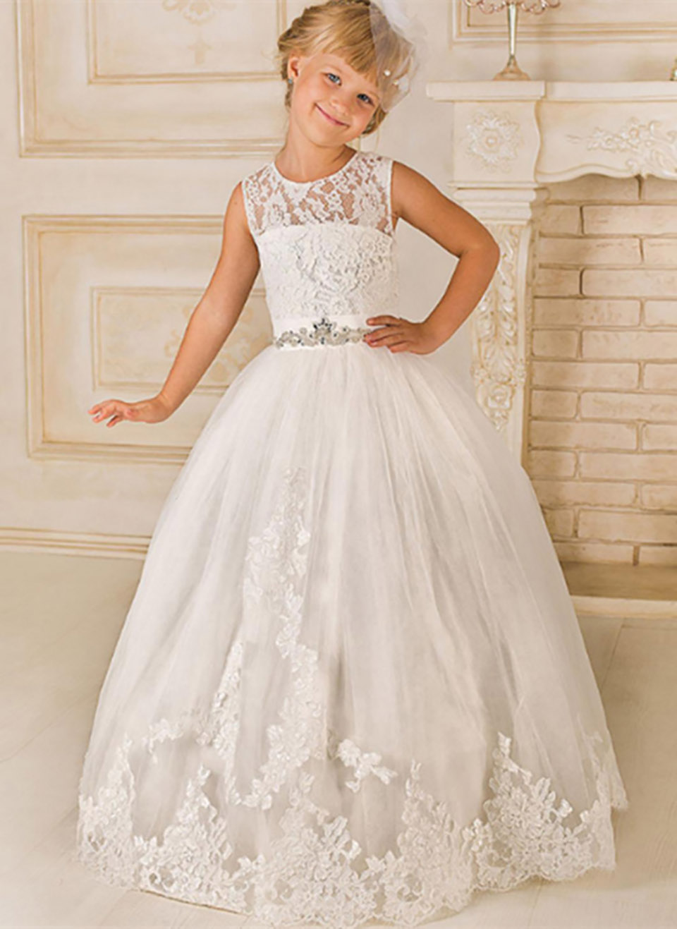 Floor Length Flower Girls Dresses Lace Appliqué Sleeveless Beading Sash Tulle First Holy Communion Birthday Party Dresses