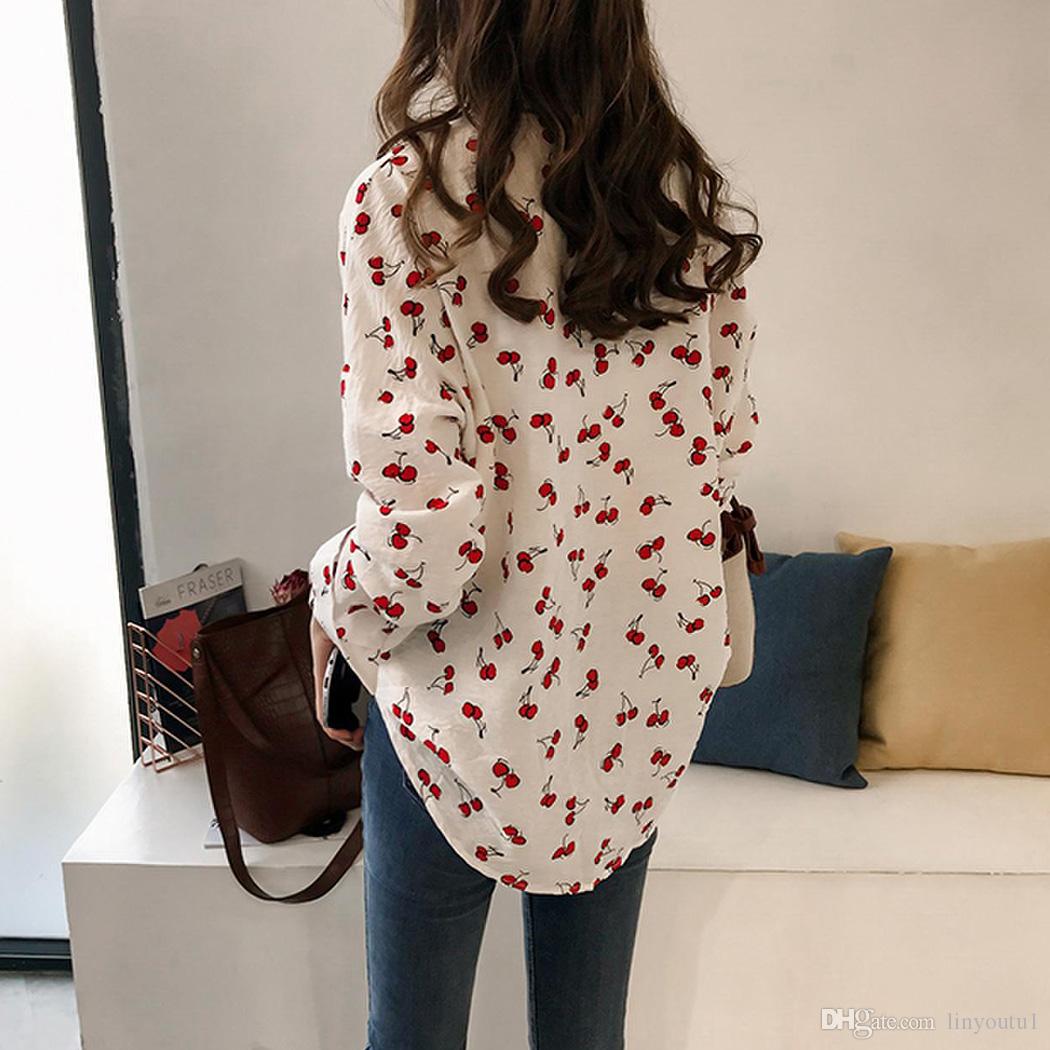 2020 Elegant Lapel Blouse Women Tops Sweet Cherry Print Shirts Long Sleeve Loose Spring Summer Ladies Office Shirt Plus Size