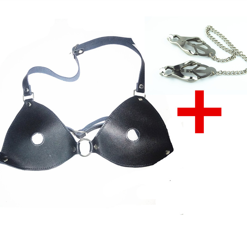 Soutien-gorge de chasteté en cuir véritable avec trous de mamelon trèfle puissant Clips de mamelon pinces BDSM Bondage pour Lady Black BX1051