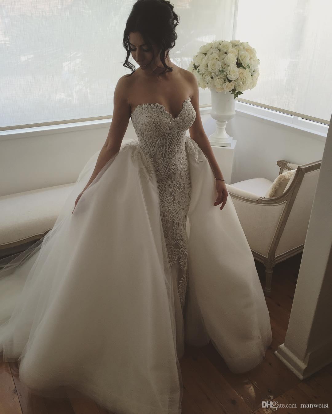 Gorgeous Mermaid Wedding Dresses With Detachable Overskirts Sweep Train Sweetheart Tulle Lace Wedding Dress Custom Made Bridal Gowns