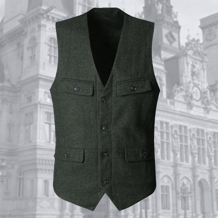 2021 Dark Green Groom Vests Country Wedding Wool Tweed Vest Slim Fit Men's Suit Vest Dress Coat Dress Waistcoat Farm Country B239