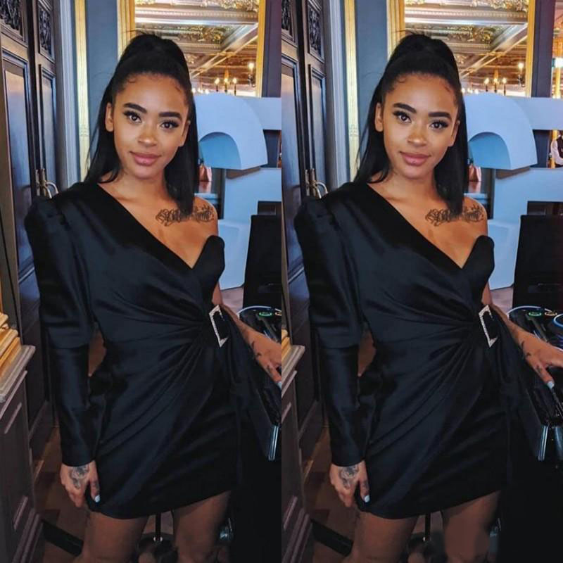 Fashion One Shoulder Short Homecoming Dresses 2020 robes de cocktail Black Satin Long Sleeve Mini Cocktail Party Gowns With Sash