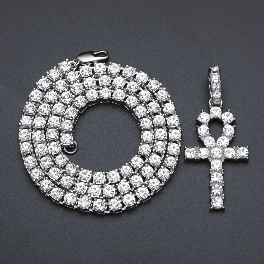 Hip Hop Shining Cross Pendant Necklace with Tennis Chain 18k Gold Plated Full Zircon Rap Jewelry