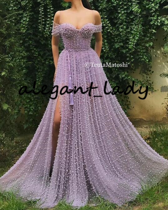 2020 Lavender Tulle Prom Formal Dresses Sexy High Slit Luxury Fully Pearls Beaded Off Shoulder Evening Gown Wear abendkleider