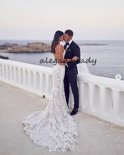 Backless Mermaid Beach Wedding Dresses 2019 V-neck 3D Lace Applique Sweep Trumpet Steven Khalil Garden Bridal Wedding Dress