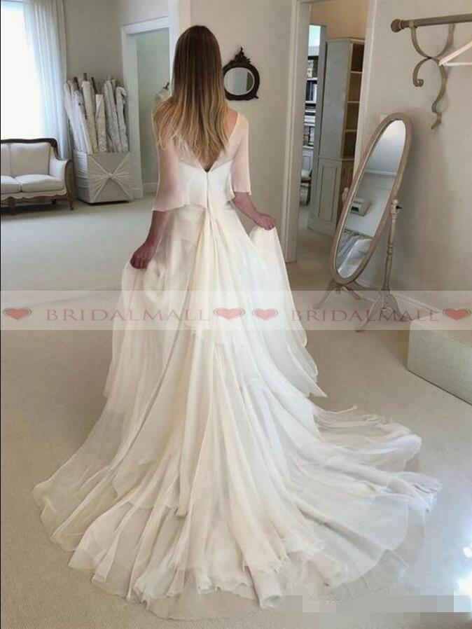 Elegant A Line Dresses With Wraps Chiffon Sweep Train Ruffles Ruched Pleats Simple Custom Made Plus Size Garden Country Wedding Gown