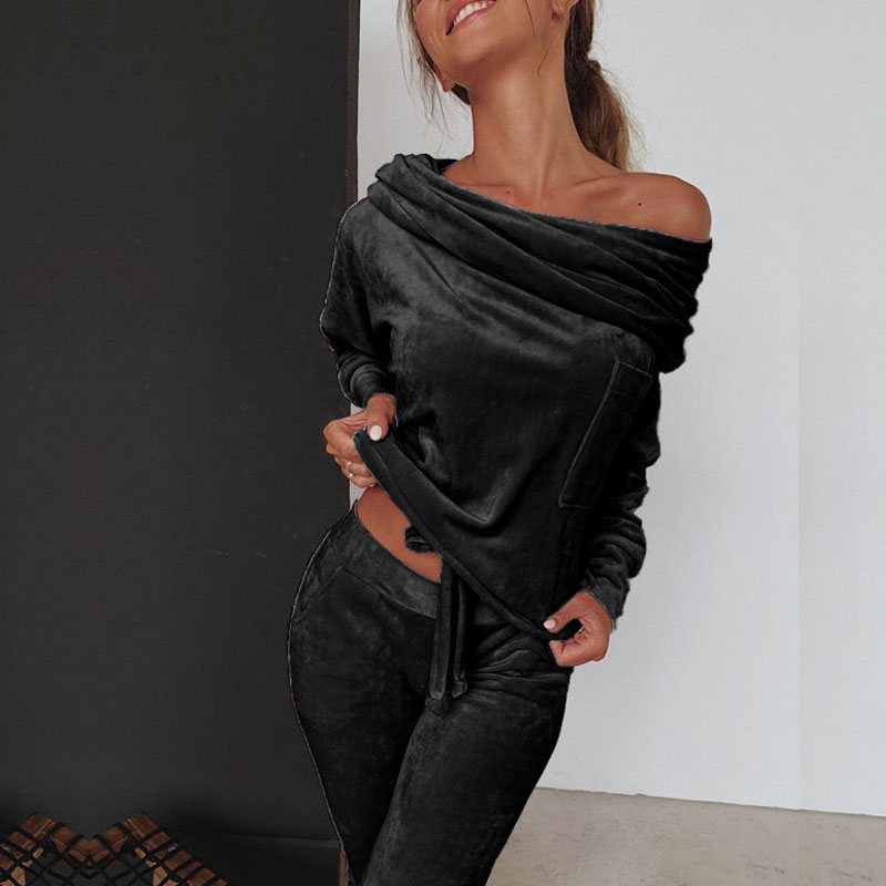 Lslaica Solid Slash Neck Long Sleeve Two Piece Set Drawstring Off Shoulder Women Tracksuit Bodycon Long Pants Women Suits