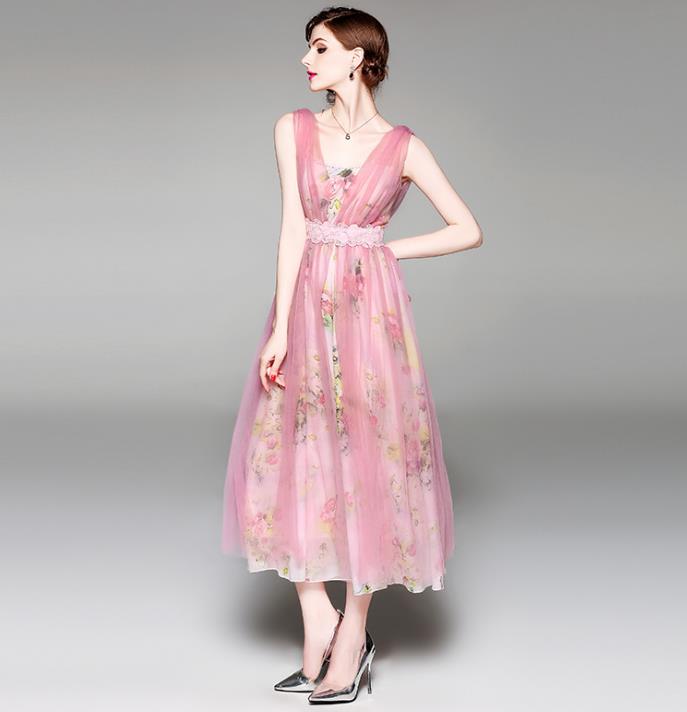 2019 summer new European and American high-end women' chiffon dress Slim mesh long skirt big swing skirt women' clothing, Pink 
2019 summer new European and American high-end women' chiffon dress Slim mesh long skirt big swing skirt women' clothing, Pink