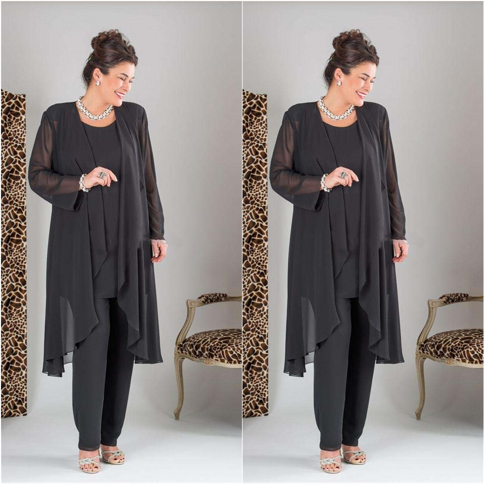 Elegant Sexy Mother of The Bride Pant Suits Dresses With Long Sleeves Chiffon Groom 3 pieces Grey Gowns Cheap Wedding Party Dress