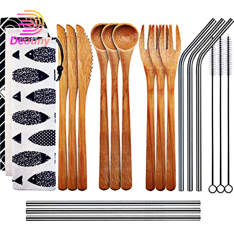 

DEOUNY Zero Waste Bamboo Utensils Wooden Eco Goods Set Reusable Utensils Camping Fork Spoon Knife Flatware Straw Cleaner Tools