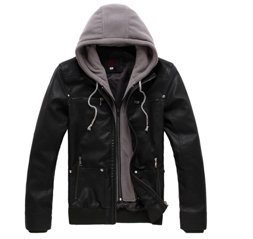 2019 men's hooded stitching leather Korean version of the slim leather coat motorcycle leather, Black
2019 men's hooded stitching leather Korean version of the slim leather coat motorcycle leather, Black