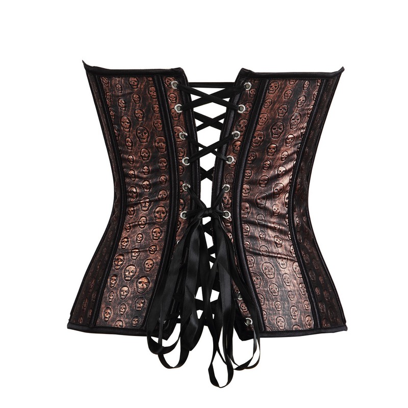 Women Skulls Printed Steampunk Corset Black Panels Fashion Plus Size S-6XL Overbust Lace-up Vintage PU Leather Brown Gothic Corset