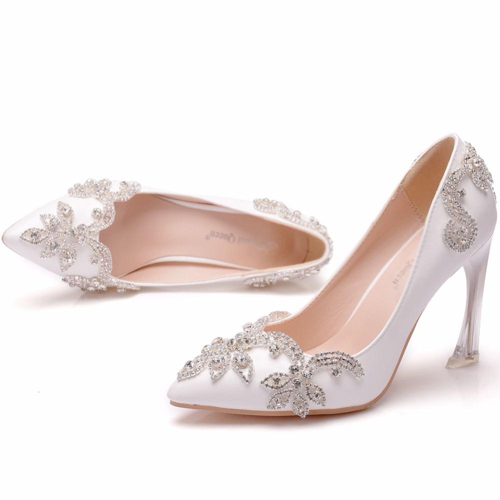 Hot Sale-al Heels Pointed Toe High Heels Pumps Rhinestone Bridal Wedding Shoes Pearls Party Evening Shoes