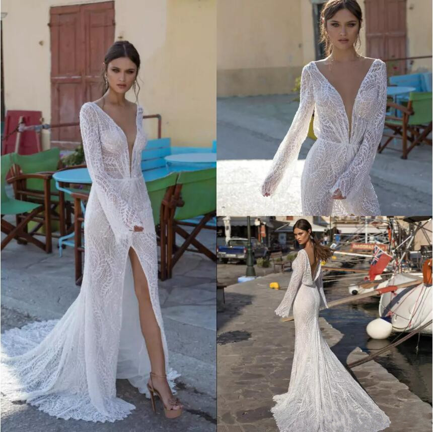 lian rokman front split mermaid wedding dresses sexy deep v neck lace appliqued beach bridal gowns long sleeve backless robe de marie