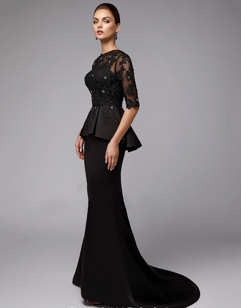 Peplum Black Mermaid Mother Of The Bride Dresses Cheap Long Sleeve Lace Wedding Guest Dress Plus Size Half Sleeve Bead Mothers Groom Dresses