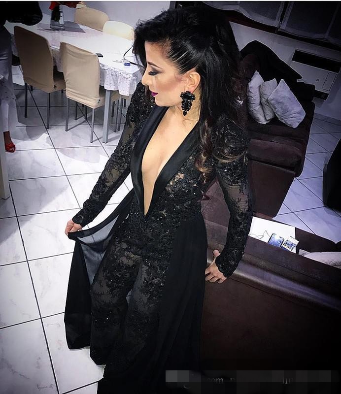 Sexy Black Jumpsuit Prom Dresses Plunging V Neck Long Sleeves Chiffon Train Lace Sequins Custom Made Celebrity Evening Party Gown