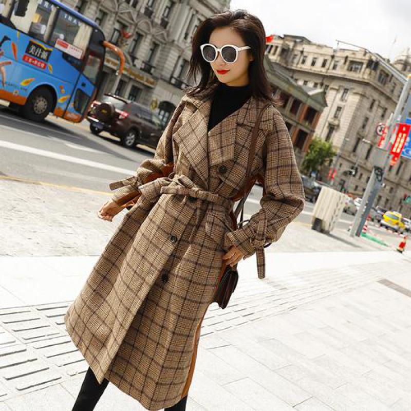 Fashion Korean style wool coat 2019 new spring autumn long sleeve vintage plaid long coats turndown collar with belt coat, Khaki
Fashion Korean style wool coat 2019 new spring autumn long sleeve vintage plaid long coats turndown collar with belt coat, Khaki