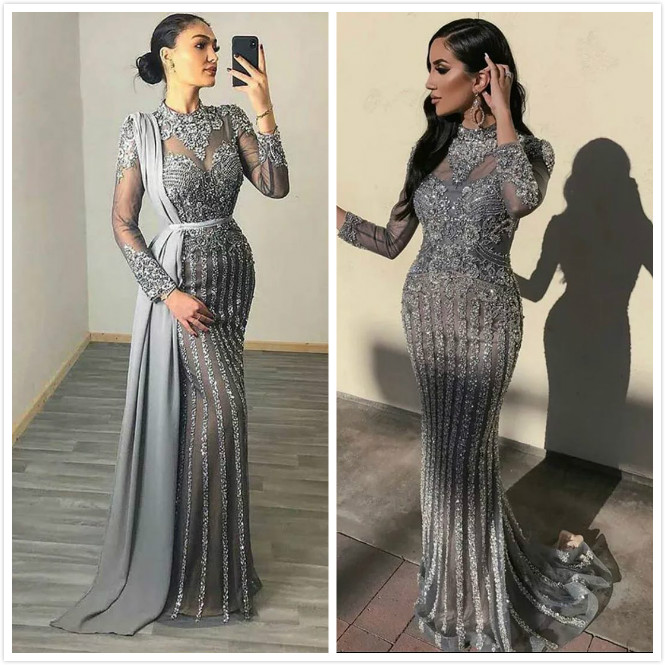 2020 Aso Ebi Arabi Silver Luxurious Mermaid Evening Dresses Beaded Crystals Prom Dresses Sexy Formal Party Second Reception Gowns ZJ222