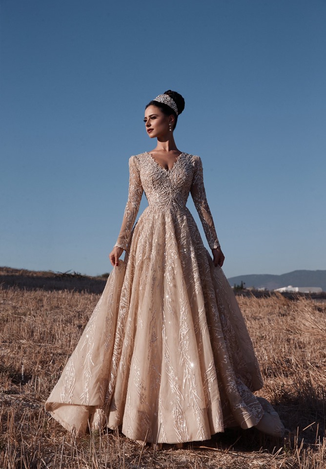 2020 Champagne Evening Dresses V Neck Lace Appliques A Line Formal Prom Dress Long Sleeve Arabic Special Gowns Robes De Soirée