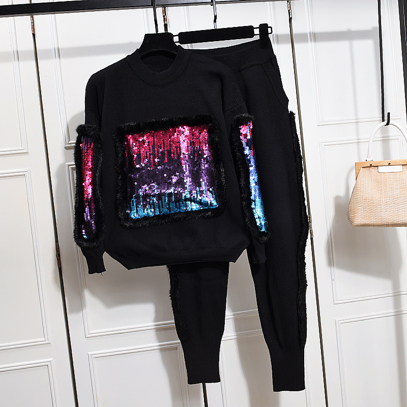 Autumn winter 2 piece set women sequined knitted set fur sweater + knitted pants Women two piece, As pic
Autumn winter 2 piece set women sequined knitted set fur sweater + knitted pants Women two piece, As pic
