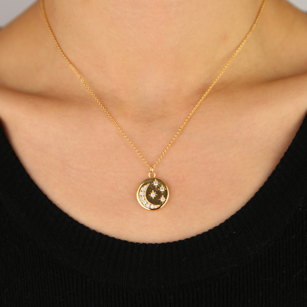 round disco coin necklace gold plated engraved white rainbow cz moon star shooting star design fashion necklaces