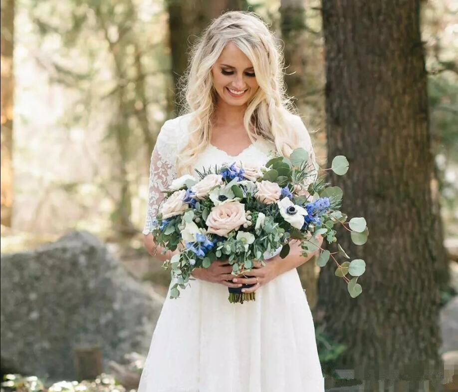 Bohemian Forest Wedding Dresses 2019 Lace Chiffon Modest V Neck Half Sleeves Long Western Country Bridal Gowns Plus Size Dress for Wedding