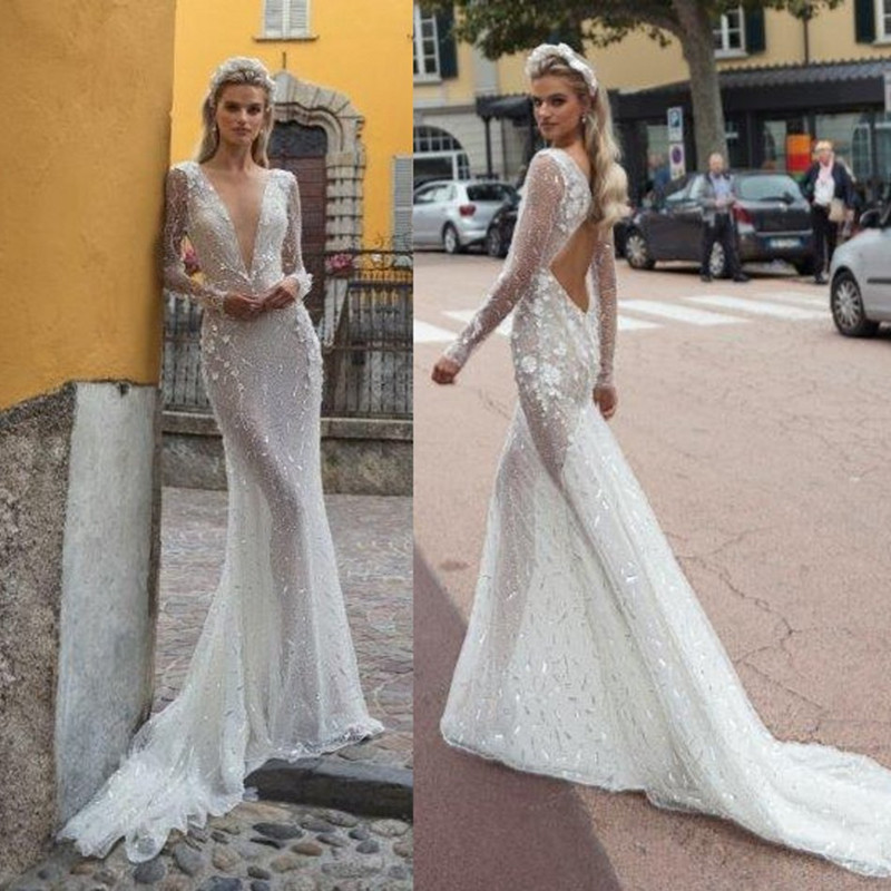 2020 Sparkling Mermaid Wedding Dresses V Neck Lace Appliqued Sexy Backless Beading Bridal Gowns Sweep Train Long Sleeve Wedding Dress