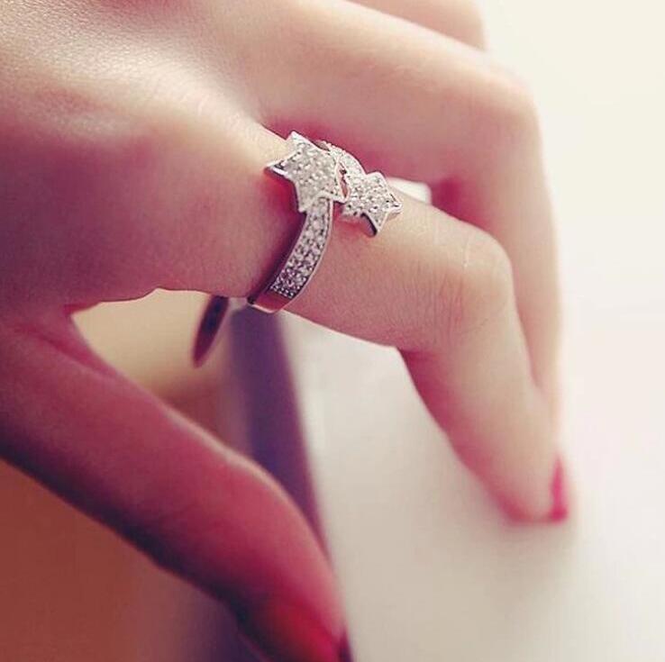 New Double Five-pointed star Fashion Jewelry 925 Sterling Silver&Gold Fill Pave White Sapphire CZ Diamond Women Wedding Adjustable Open Ring