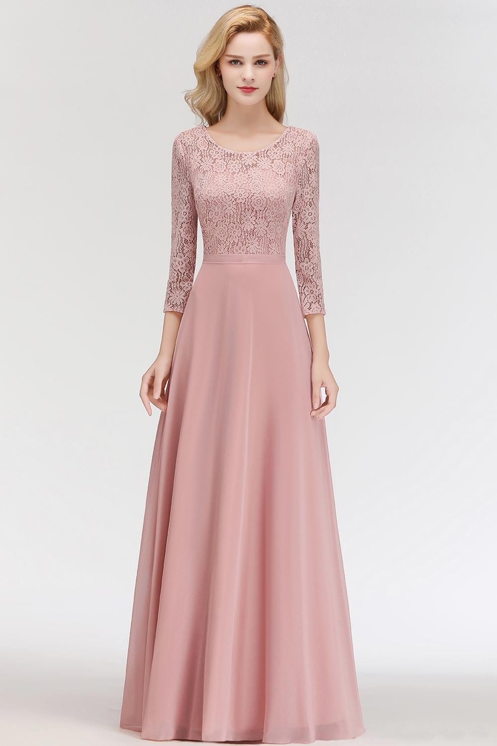 Elegant Lace and Chiffon Burgundy Bridesmaid Dresses Long Sleeves Jewel Neck A Line Floor Length Women Wedding Guest Dresses