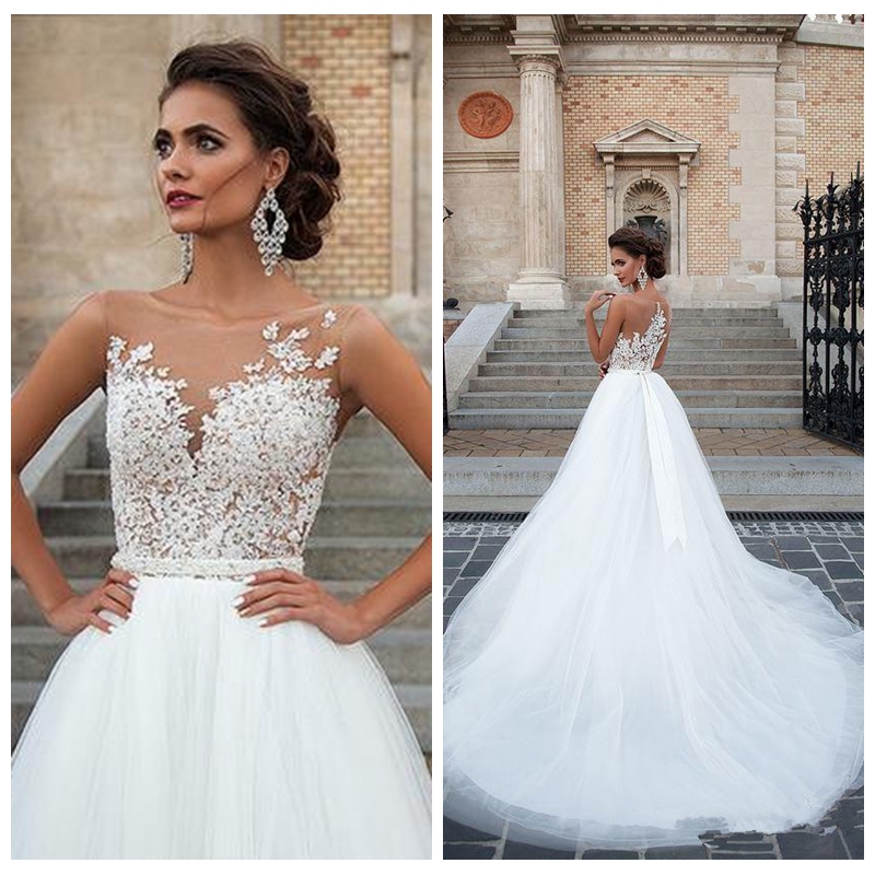 2020 Sheer Lace Appliques A-Line Wedding Dresses Tulle Bridal Gowns Sleeveless Vintage Customized Vestidos De Mariee Modest Formal Wear, Ivory
2020 Sheer Lace Appliques A-Line Wedding Dresses Tulle Bridal Gowns Sleeveless Vintage Customized Vestidos De Mariee Modest Formal Wear, Ivory