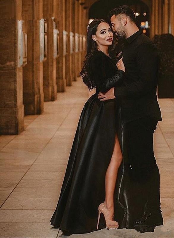 2020 Sexy Deep V Neck Velvet Evening Dresses Wear Long Sleeves Burgundy Red Black High Split Floor Length Party Quinceanera Formal Prom Gown