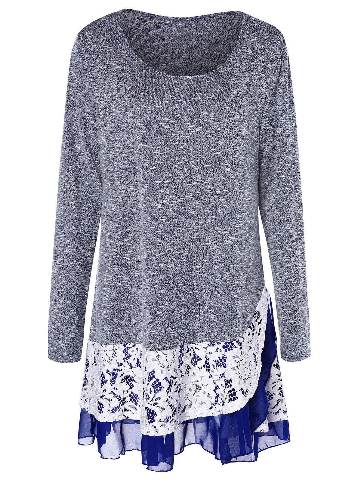 Retro Lace Trim Layered Tunic Knitwear Women Pullover Long Sleeve O-Neck Marled Casual Loose Jumper Autumn Knitted Sweater Tops T200101