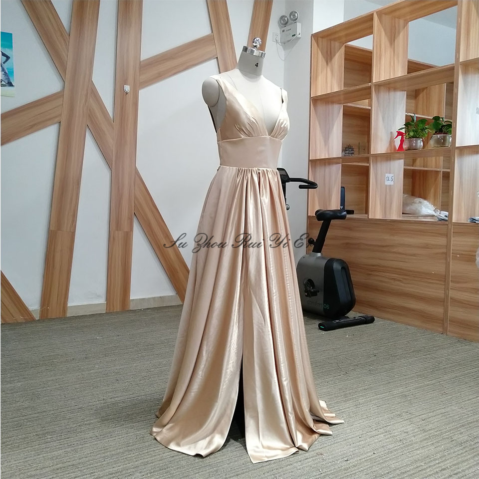 Golden Satin Bridesmaid Dresses For Women's Wedding V-neck Wedding Guest Dress Lady Honor High Split A-line Party Gown Cheap