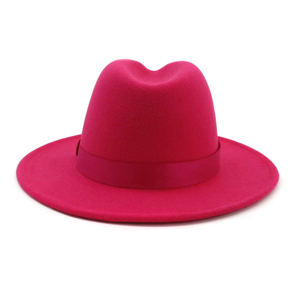 Fashion-Rosy Wool Felt Jazz Fedora Hat with Ribbon Wide Brim Panama Formal Hat Trilby Ladies Fascinator Dress Hats