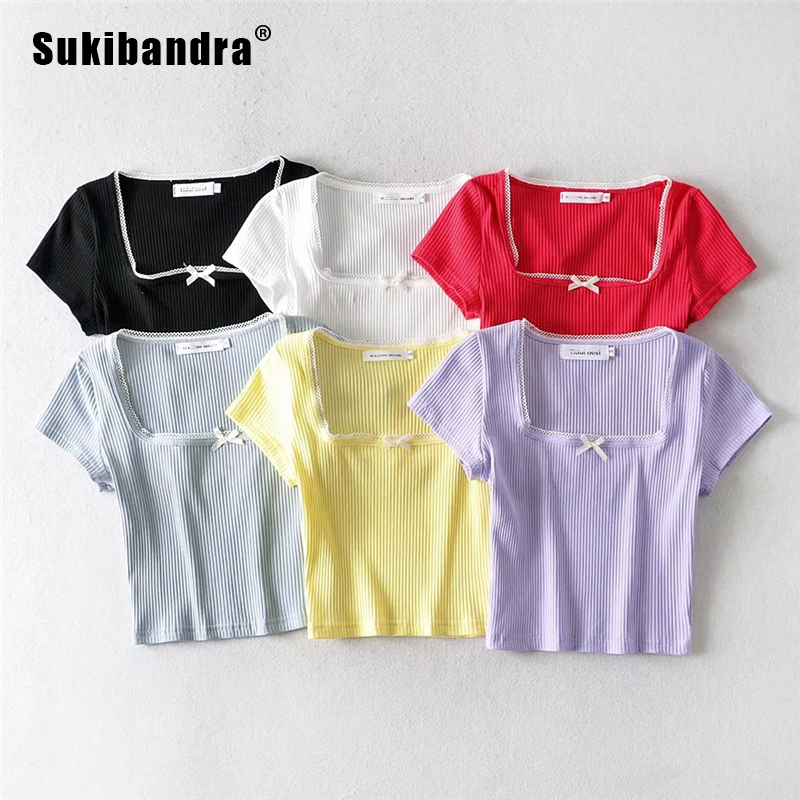 Sukibandra Summer Short Sleeve Casual Solid Color Women Crop Top Square Collar Bow Tie Korean Style Sweet Cropped T Shirt Tee, Black
Sukibandra Summer Short Sleeve Casual Solid Color Women Crop Top Square Collar Bow Tie Korean Style Sweet Cropped T Shirt Tee, Black