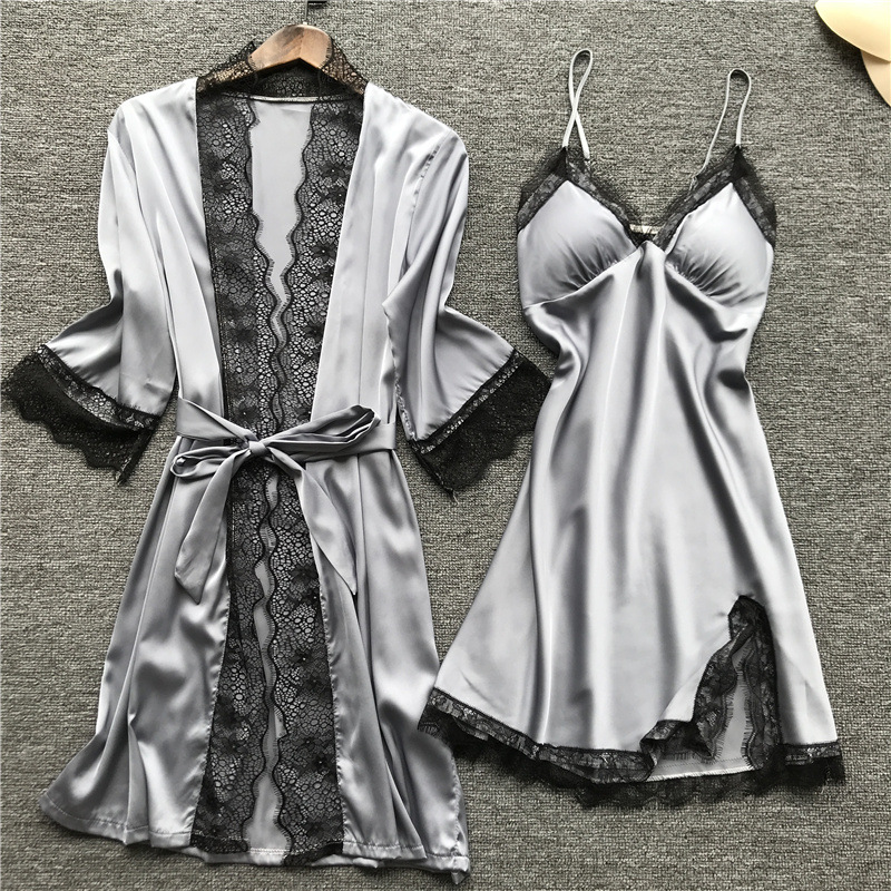 Summer Women Pajama Sets 4 Pcs Sexy Lace Pyjamas Women Satin Silk Sleepwear Elegant Pijama with Chest Pads Homewear